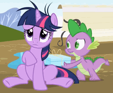Size: 433x357 | Tagged: safe, screencap, character:spike, character:twilight sparkle, species:dragon, species:pony, species:unicorn, episode:lesson zero, g4, my little pony: friendship is magic, animated, bench, cropped, duo, gif, looking up, messy mane, nudge, puddle, raised hoof, wiggle