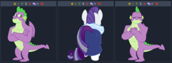Size: 762x279 | Tagged: safe, screencap, character:rarity, character:spike, species:dragon, species:pony, species:unicorn, episode:the last problem, g4, my little pony: friendship is magic, butt, clothing, gigachad spike, older, older rarity, older spike, rearity, skunk stripe, tail, winged spike