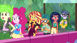 Size: 1920x1080 | Tagged: safe, screencap, character:cherry crash, character:desert sage, character:microchips, character:pinkie pie, character:sunset shimmer, equestria girls:sunset's backstage pass, g4, my little pony:equestria girls, background human, bare shoulders, cherry crash, desert sage, doodle bug, female, geode of empathy, geode of sugar bombs, magical geodes, male, sleeveless, strapless