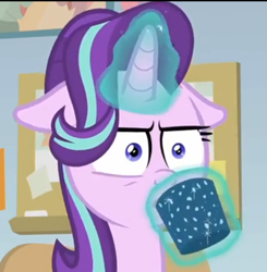 Size: 565x576 | Tagged: safe, screencap, character:starlight glimmer, species:pony, species:unicorn, episode:marks for effort, g4, my little pony: friendship is magic, chocolate, cropped, drink, drinking, empathy cocoa, floppy ears, food, glow, glowing cup, glowing horn, horn, hot chocolate, lifting, shrunken pupils, solo, starlight is not amused, starlight's office, unamused
