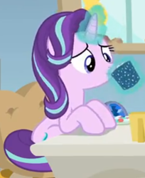 Size: 368x450 | Tagged: safe, screencap, character:starlight glimmer, species:pony, species:unicorn, episode:marks for effort, g4, my little pony: friendship is magic, chocolate, cropped, drink, drinking, empathy cocoa, food, glowing cup, glowing horn, hooves on the table, horn, hot chocolate, lifting, looking at something, marshmallows, sitting, solo, starlight's office