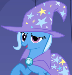 Size: 657x680 | Tagged: safe, screencap, character:trixie, species:pony, species:unicorn, episode:boast busters, g4, my little pony: friendship is magic, cape, clothing, cropped, female, hat, mare, meme, open mouth, raised hoof, smiling, solo, trixie's cape, trixie's hat