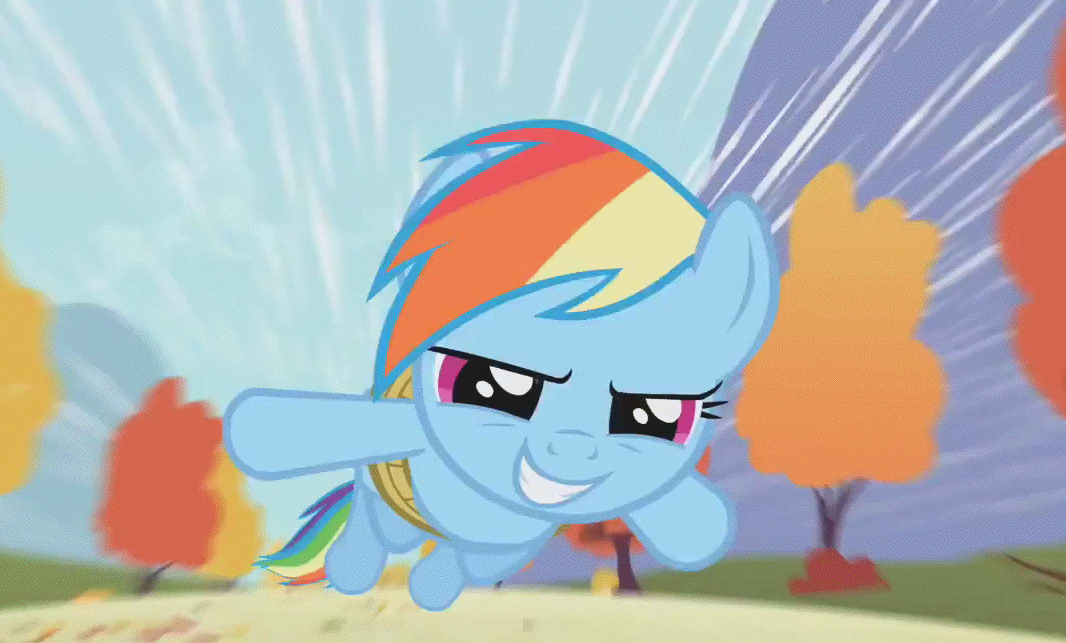 Size: 1066x643 | Tagged: safe, screencap, character:rainbow dash, episode:fall weather friends, g4, my little pony: friendship is magic, animated, bound wings, flying, looking at you, shaking, solo