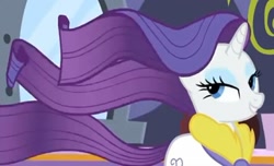 Size: 1120x681 | Tagged: safe, screencap, character:rarity, species:pony, species:unicorn, episode:rarity's biggest fan, bathrobe, clothing, female, lidded eyes, mare, robe, solo, windswept mane