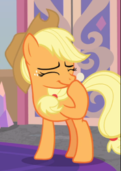 Size: 598x846 | Tagged: safe, screencap, character:applejack, species:earth pony, species:pony, episode:the mean 6, g4, my little pony: friendship is magic, amused, applejack's hat, clothing, cowboy hat, cropped, cute, eyes closed, female, freckles, giggling, hat, jackabetes, mare, raised hoof, solo