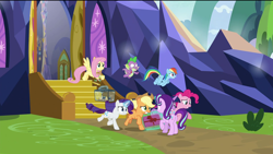 Size: 1920x1080 | Tagged: safe, screencap, character:applejack, character:fluttershy, character:pinkie pie, character:rainbow dash, character:rarity, character:spike, character:starlight glimmer, character:twilight sparkle, character:twilight sparkle (alicorn), species:alicorn, species:bird, species:dragon, species:earth pony, species:pegasus, species:pony, species:unicorn, episode:the last problem, g4, my little pony: friendship is magic, cage, confused, female, flying, hummingbird, male, mane seven, mane six, mare, running, scared, spider, star spider, twilight's castle, winged spike