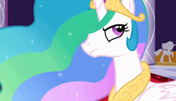 Size: 1280x738 | Tagged: safe, screencap, character:princess celestia, species:alicorn, species:pony, episode:the return of harmony, g4, my little pony: friendship is magic, angry, beautiful, canterlot castle, celestia is not amused, crown, ethereal mane, female, flowing mane, folded wings, jewelry, listening, looking up, mare, multicolored hair, necklace, pillar, purple eyes, regalia, serious, solo, statue, throne room, unamused