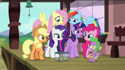 Size: 1920x1080 | Tagged: safe, screencap, character:applejack, character:fluttershy, character:pinkie pie, character:rainbow dash, character:rarity, character:spike, character:twilight sparkle, character:twilight sparkle (alicorn), species:alicorn, species:dragon, species:earth pony, species:pony, species:unicorn, episode:the last problem, g4, my little pony: friendship is magic, comic book, concerned, female, fishtank, flying, male, mane seven, mane six, mare, smiling, spider, star spider, winged spike