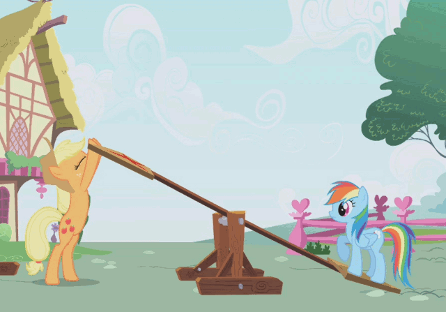 Size: 640x447 | Tagged: safe, screencap, character:applejack, character:rainbow dash, species:earth pony, species:pegasus, species:pony, episode:applebuck season, g4, my little pony: friendship is magic, animated, duo, duo female, female, mare, seesaw