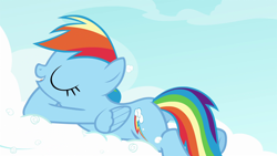 Size: 1920x1080 | Tagged: safe, screencap, character:rainbow dash, species:pegasus, species:pony, episode:testing testing 1-2-3, g4, my little pony: friendship is magic, cloud, female, lying down, mare, prone, relaxing, solo