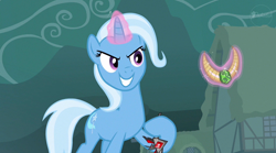 Size: 1920x1064 | Tagged: safe, screencap, character:trixie, species:pony, species:unicorn, episode:magic duel, g4, my little pony: friendship is magic, alicorn amulet, amulet, cropped, evil grin, female, glowing horn, grin, hoof hold, jewelry, levitation, magic, magic aura, mare, sin of greed, smiling, solo, stealing, telekinesis