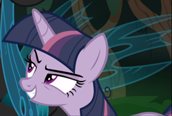 Size: 987x667 | Tagged: safe, screencap, character:mean twilight sparkle, episode:the mean 6, g4, my little pony: friendship is magic, cropped, mocking, offscreen character, smiling, smirk, solo