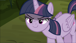 Size: 1670x939 | Tagged: safe, screencap, character:mean twilight sparkle, episode:the mean 6, g4, my little pony: friendship is magic, cropped, evil grin, grin, kubrick stare, lidded eyes, sinister, smiling, solo