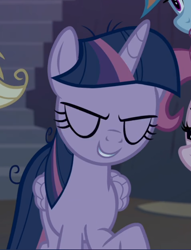 Size: 622x813 | Tagged: safe, screencap, character:mean twilight sparkle, episode:the mean 6, g4, my little pony: friendship is magic, clone, cropped, evil grin, eyes closed, grin, offscreen character, raised hoof, smiling, solo focus