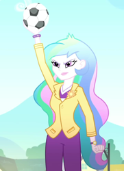Size: 716x990 | Tagged: safe, screencap, character:princess celestia, character:principal celestia, episode:subs rock, eqg summertime shorts, g4, my little pony:equestria girls, ball, blazer, celestia is not amused, cropped, female, football, outdoors, solo, sports, unamused