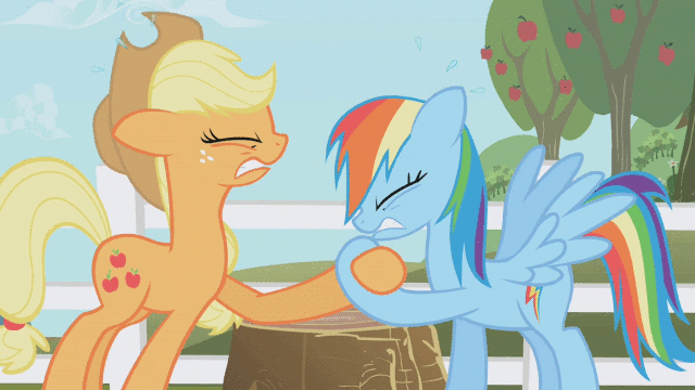 Size: 640x360 | Tagged: safe, screencap, character:applejack, character:rainbow dash, species:earth pony, species:pegasus, species:pony, episode:the ticket master, g4, my little pony: friendship is magic, animated, duo, duo female, eyes closed, female, hoofwrestle, mare