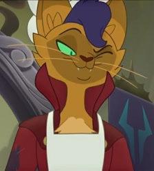 Size: 535x598 | Tagged: safe, screencap, character:capper dapperpaws, species:abyssinian, species:anthro, my little pony: the movie (2017), ally, apron, banner, cat, clothing, coat, cropped, cunning, fangs, handsome, looking at someone, looking down, one eye closed, slit eyes, smiling, smirk, solo, storm king's emblem, whiskers, wink
