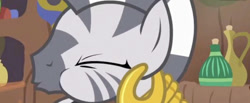 Size: 828x342 | Tagged: safe, screencap, character:zecora, species:zebra, episode:it isn't the mane thing about you, g4, my little pony: friendship is magic, choking, cropped, puffy cheeks, solo