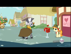 Size: 1024x768 | Tagged: safe, screencap, character:tag-a-long, character:thin mint, character:zecora, species:zebra, episode:just for sidekicks, g4, my little pony: friendship is magic, filly guides, grin, smiling, tag-a-long, tail bow, thin mint