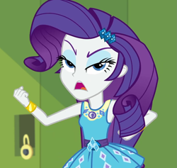 Size: 1139x1080 | Tagged: safe, screencap, character:rarity, equestria girls:holidays unwrapped, g4, my little pony:equestria girls, bracelet, canterlot high, clenched fist, cropped, female, frown, geode of shielding, hallway, jewelry, lockers, magical geodes, o come all ye squashful, solo