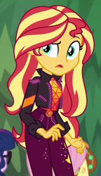 Size: 539x934 | Tagged: safe, screencap, character:applejack, character:fluttershy, character:sunset shimmer, character:twilight sparkle, character:twilight sparkle (scitwi), species:eqg human, equestria girls:sunset's backstage pass, g4, my little pony:equestria girls, cropped, music festival outfit