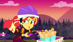 Size: 1280x731 | Tagged: safe, screencap, character:sunset shimmer, equestria girls:sunset's backstage pass, g4, my little pony:equestria girls, basket, bicycle, cap, churros, clock, clothing, cloud, evening, female, food, forest, hat, mountain, pipe, ride, sunset, waffle, watch