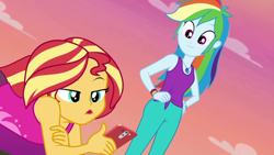 Size: 1920x1080 | Tagged: safe, screencap, character:rainbow dash, character:sunset shimmer, episode:wake up!, g4, my little pony:equestria girls, cellphone, clothing, geode of super speed, hand on hip, magical geodes, pants, phone, sky, smartphone, tank top, wake up!: rainbow dash, yoga pants