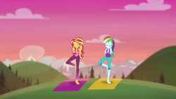Size: 1920x1080 | Tagged: safe, screencap, character:rainbow dash, character:sunset shimmer, episode:wake up!, g4, my little pony:equestria girls, barefoot, clothing, feet, pants, wake up!: rainbow dash, yoga, yoga pants