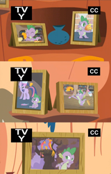 Size: 848x1328 | Tagged: safe, screencap, character:peewee, character:spike, character:twilight sparkle, species:phoenix, episode:just for sidekicks, g4, my little pony: friendship is magic, egg, food, framed picture, hatchling, ice cream, nest, peewee, photo, text, tv rating, tv-y, twilight is not amused, unamused