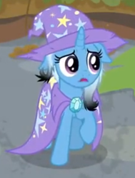Size: 416x550 | Tagged: safe, screencap, character:trixie, species:pony, species:unicorn, episode:a horse shoe-in, g4, my little pony: friendship is magic, about to cry, cape, clothing, cropped, cute, diatrixes, female, floppy ears, frown, hat, heartbreak, mare, messy mane, open mouth, poor trixie, raised hoof, trixie's cape, trixie's hat, upset