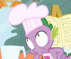Size: 444x372 | Tagged: safe, screencap, character:spike, episode:just for sidekicks, g4, my little pony: friendship is magic, chef, clothing, faec, hat, why
