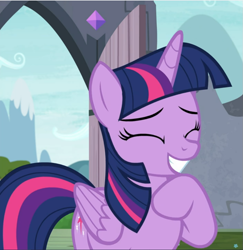 Size: 915x940 | Tagged: safe, screencap, character:twilight sparkle, character:twilight sparkle (alicorn), species:alicorn, species:pony, episode:uprooted, g4, my little pony: friendship is magic, amused, cropped, cute, eyes closed, female, folded wings, giggling, grin, mare, raised hoof, smiling, solo, twiabetes