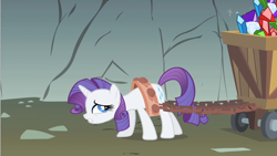 Size: 1280x720 | Tagged: safe, screencap, character:rarity, species:pony, species:unicorn, episode:a dog and pony show, g4, my little pony: friendship is magic, cart, chains, gem cave, gritted teeth, horseshoes, looking back, solo, worried