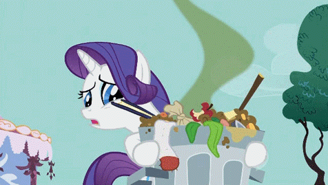 Size: 476x269 | Tagged: safe, screencap, character:rarity, species:pony, species:unicorn, episode:party of one, g4, my little pony: friendship is magic, animated, female, mare, near vomit, smelly, sock, solo, trash, trash can, visible stench