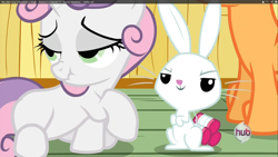 Size: 1920x1080 | Tagged: safe, screencap, character:angel bunny, character:sweetie belle, episode:just for sidekicks, g4, my little pony: friendship is magic, lidded eyes, scrunchy face