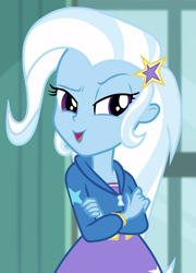 Size: 704x980 | Tagged: safe, screencap, character:trixie, episode:a little birdie told me, g4, my little pony:equestria girls, cropped, crossed arms, female, raised eyebrow, solo