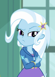 Size: 516x720 | Tagged: safe, screencap, character:trixie, episode:a little birdie told me, g4, my little pony:equestria girls, cropped, crossed arms, female, raised eyebrow, solo