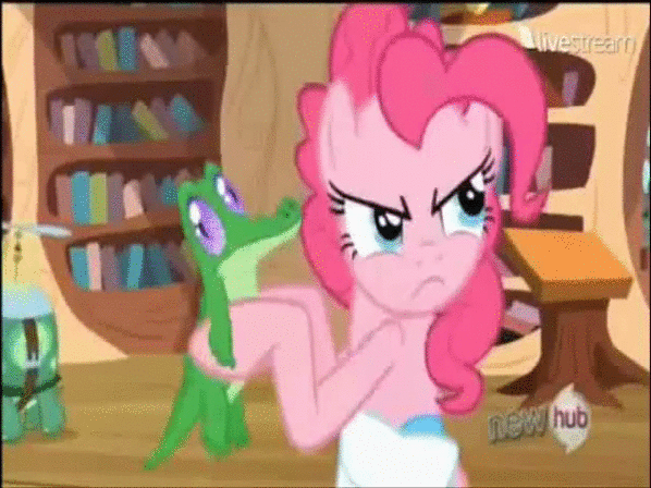 Size: 598x448 | Tagged: safe, screencap, character:gummy, character:pinkie pie, episode:just for sidekicks, g4, my little pony: friendship is magic, animated, hub logo, yelling
