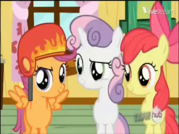 Size: 598x448 | Tagged: safe, screencap, character:apple bloom, character:scootaloo, character:sweetie belle, species:pegasus, species:pony, episode:just for sidekicks, g4, my little pony: friendship is magic, animated, cutie mark crusaders, hub logo, looking