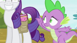 Size: 1280x720 | Tagged: safe, screencap, character:spike, species:dragon, species:pony, species:unicorn, episode:inspiration manifestation, g4, my little pony: friendship is magic, animated, bag, book, female, inspiration manifestation book, male, mare, reaching, saddle bag, sound, webm