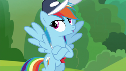 Size: 1920x1080 | Tagged: safe, screencap, character:rainbow dash, species:pegasus, species:pony, episode:2-4-6 greaaat, cap, clothing, female, hat, mare, open mouth, solo, spread wings, wings
