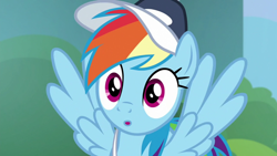 Size: 1920x1080 | Tagged: safe, screencap, character:rainbow dash, species:pegasus, species:pony, episode:2-4-6 greaaat, :o, cap, clothing, female, hat, mare, open mouth, solo, spread wings, wings
