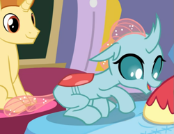 Size: 719x555 | Tagged: safe, screencap, character:golden crust, character:ocellus, species:changedling, episode:a horse shoe-in, g4, my little pony: friendship is magic, cropped, crouching, looking at something, offscreen character, presenting, presenting hoof, sitting, solo focus