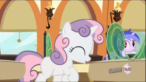 Size: 470x264 | Tagged: safe, screencap, character:sea swirl, character:sweetie belle, episode:just for sidekicks, g4, my little pony: friendship is magic, animated, cute, diasweetes, hub logo, train, trotting, trotting in place