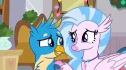 Size: 1024x572 | Tagged: safe, screencap, character:gallus, character:silverstream, species:classical hippogriff, species:griffon, species:hippogriff, episode:the hearth's warming club, g4, my little pony: friendship is magic, cute, diastreamies, female, gallabetes, looking at each other, male, raised claw, shipping fuel, smiling, touching