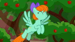Size: 1920x1080 | Tagged: safe, screencap, character:peppermint goldylinks, species:pegasus, species:pony, episode:marks for effort, g4, my little pony: friendship is magic, apple, apple tree, applejack's classroom, classroom, cute, eyes closed, female, flying, friendship student, peppermint adoralinks, smiling, solo, tree