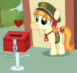Size: 461x441 | Tagged: safe, screencap, character:tag-a-long, character:thin mint, episode:just for sidekicks, g4, my little pony: friendship is magic, cropped, donation box, filly guides, grin, heart, smiling, solo, tag-a-long, tail bow, thin mint