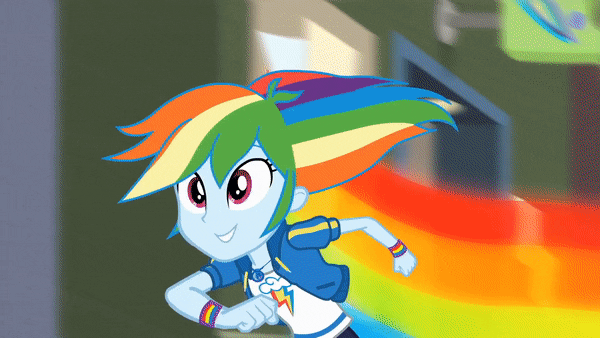 Size: 600x338 | Tagged: safe, screencap, character:rainbow dash, episode:run to break free, g4, my little pony:equestria girls, animated, geode of super speed, gif, magical geodes, ponied up, rainbow trail, running, singing, smiling, solo, transformation, wings