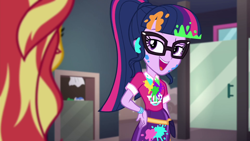 Size: 1920x1080 | Tagged: safe, screencap, character:sunset shimmer, character:twilight sparkle, character:twilight sparkle (scitwi), species:eqg human, equestria girls:sunset's backstage pass, g4, my little pony:equestria girls, messy, music festival outfit, paint