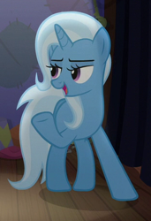Size: 310x452 | Tagged: safe, screencap, character:trixie, species:pony, species:unicorn, episode:no second prances, g4, my little pony: friendship is magic, backstage, cropped, female, lidded eyes, mare, open mouth, raised hoof, smiling, solo